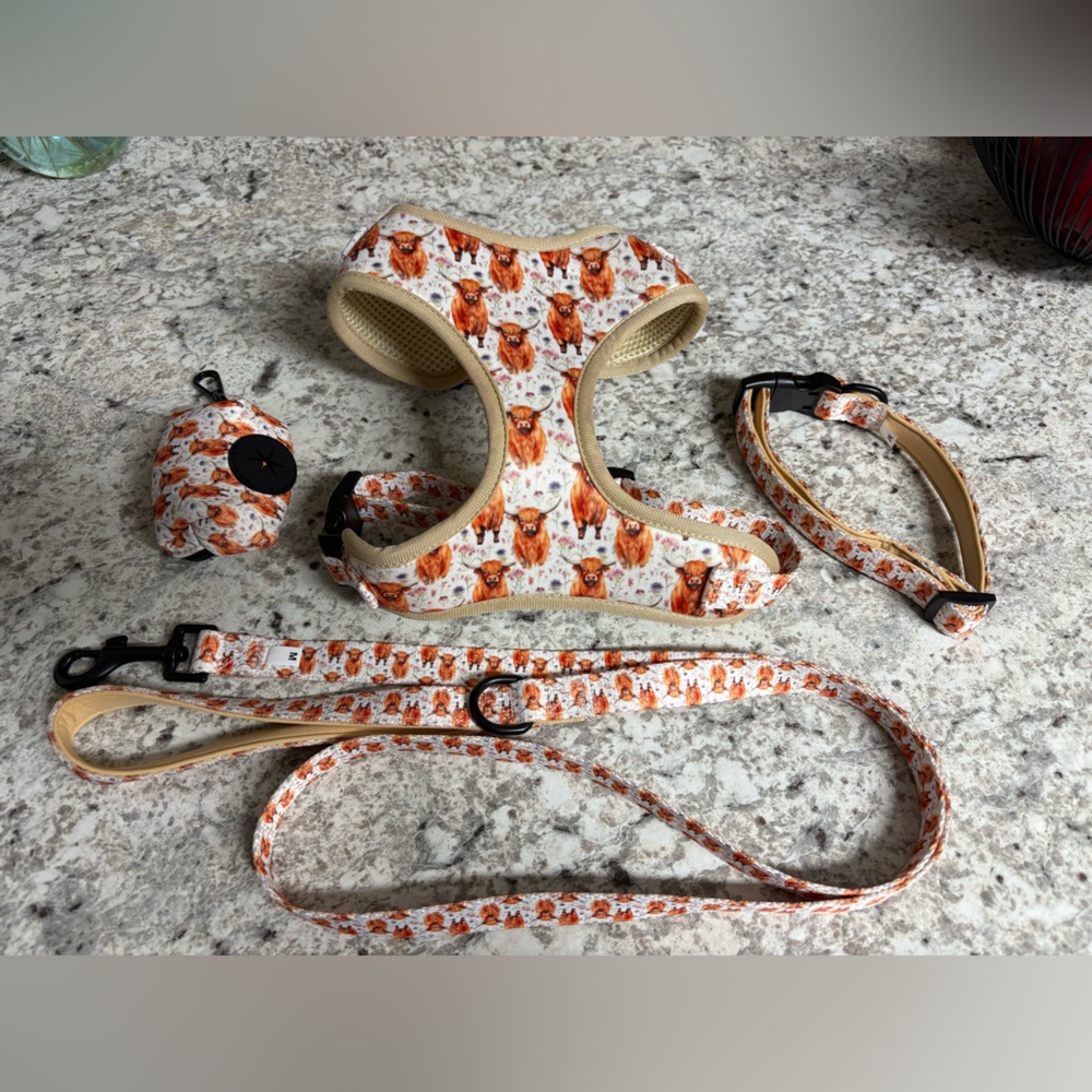 Highland Cow Dog Harness, Leash, Poop Bag Holder, Collar, Bandanna and Bow Tie